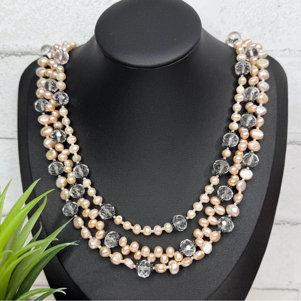 Handmade Ivory Genuine Freshwater Pearl and Clear Crystal Three Tier Necklace